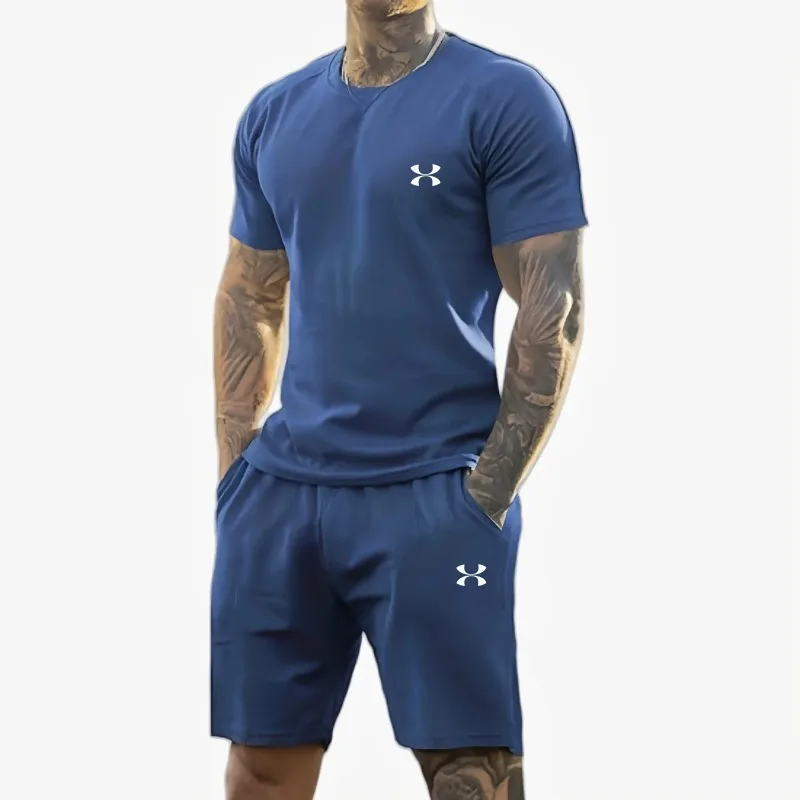 summer new men's printed short-sleeved T-shirt + shorts suit, casual sportswear, breathable outdoor casual men's T-shirt,