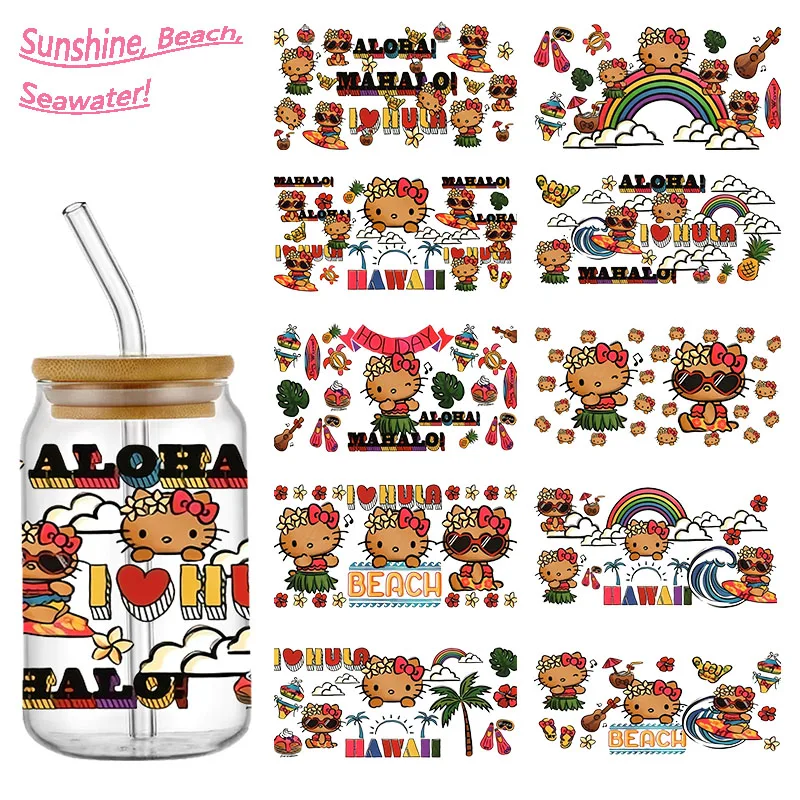 Miniso Hello Kitty Beach UV DTF Cup Wraps Cartoon Transfer Sticker For Glass 16OZ Libbey Can Bottle Self-adhesive Washable DIY