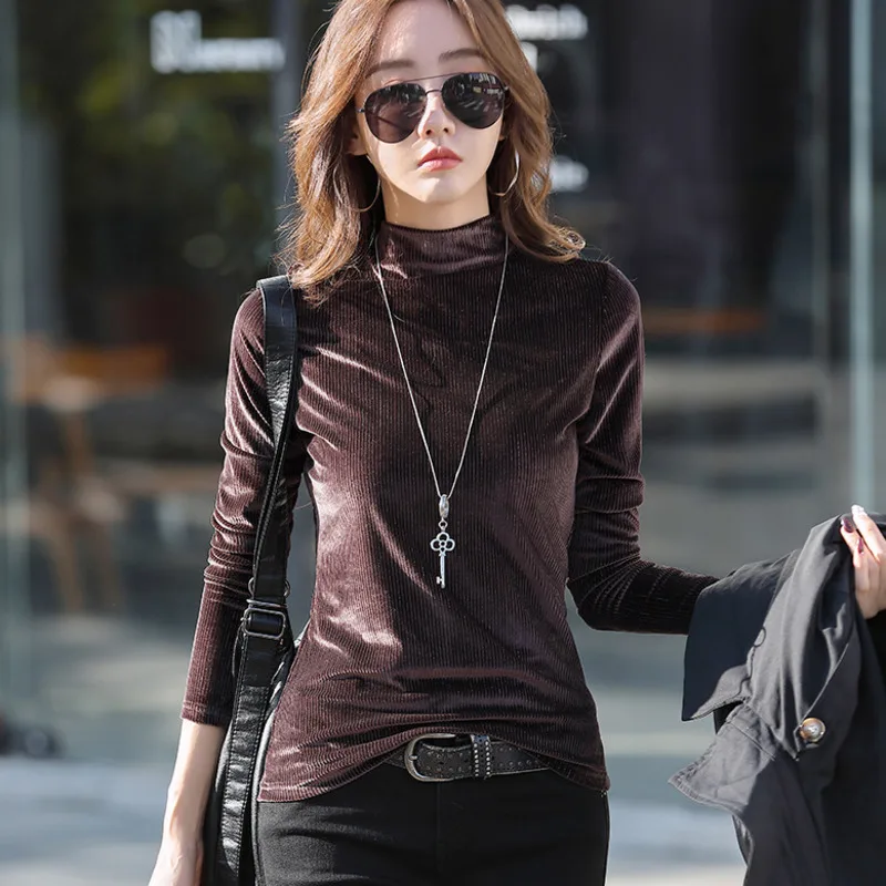 #0325 Black Green Brown Velour T Shirt Women Warm Turtleneck T Shirt Long Sleeve Slim Korean Fashion Women\'s Tee Shirt Winter