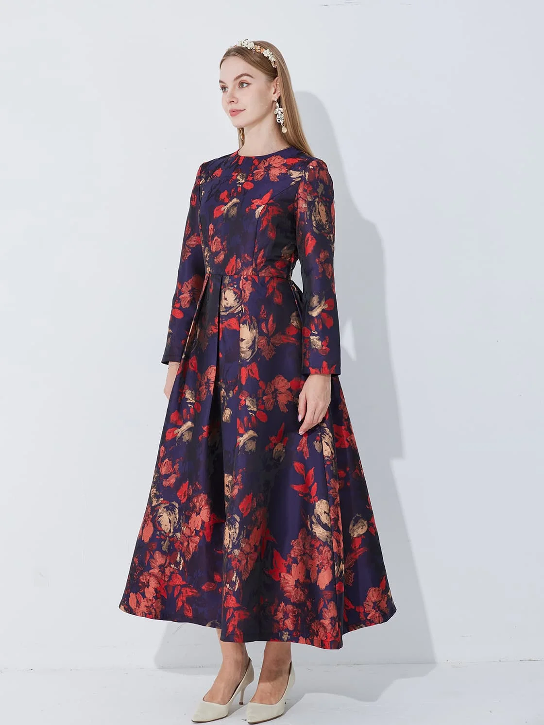 Elegant Women Long Sleeve Maxi Dress Fall Fashion Boho Floral Jacquard Muslim Dress Ladies Vintage Party Clothes