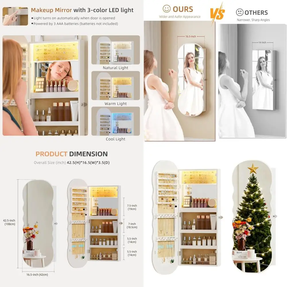 

Настенный шкаф для ювелирных изделий с подсветкой, запираемым ящиком и безрамным зеркалом