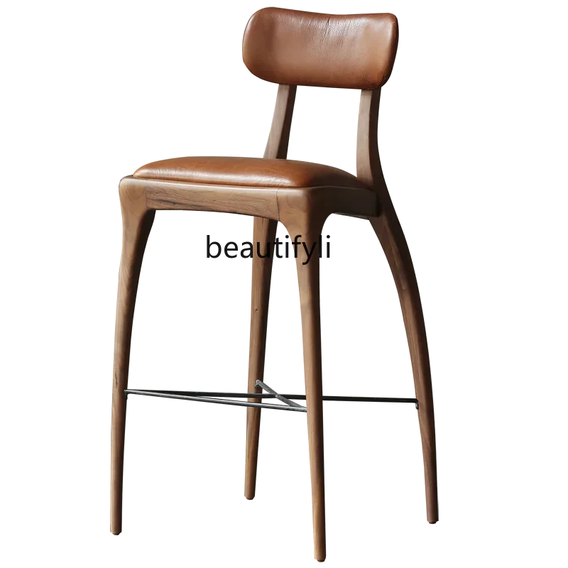 

Modern Simple and Light Luxury Creative Designer Model Walnut Solid Wood Leather Bar Stool Chair