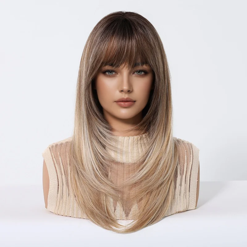 New wig with air bangs, layered and stylish, black-brown long straight synthetic hair full headpiece