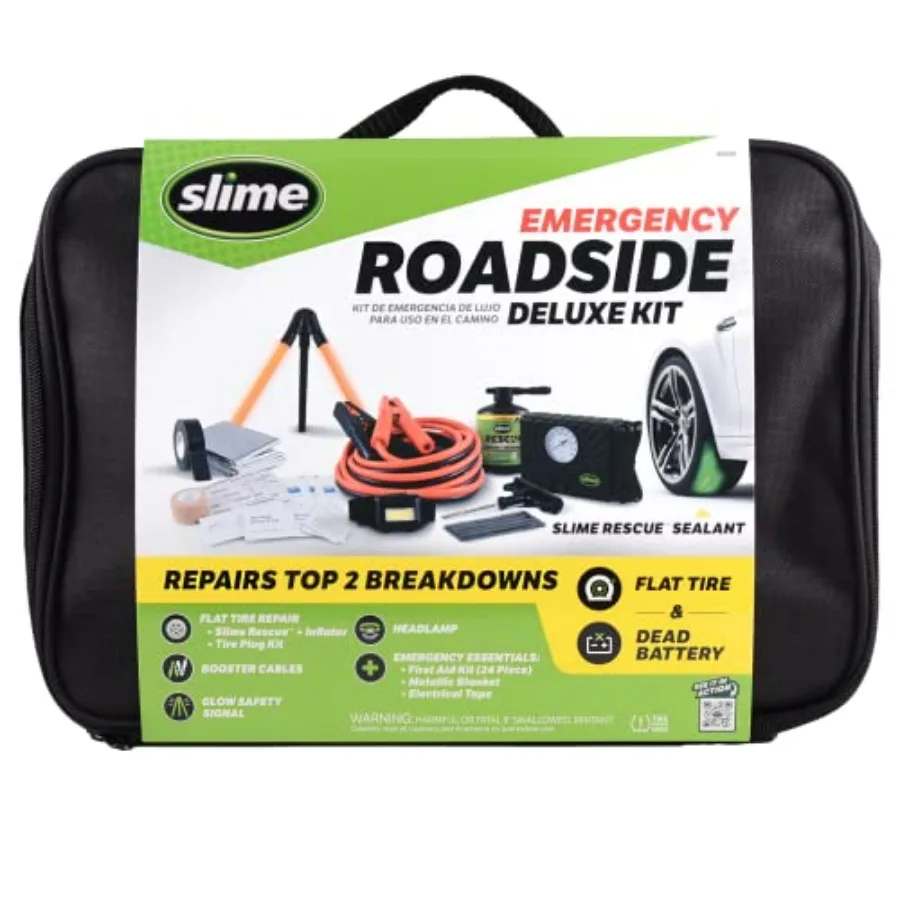 

50155 Deluxe Emergency Roadside Kit with Flat Tire Repair and Booster Cables for Compact Cars Standard Cars and Crossovers Blac