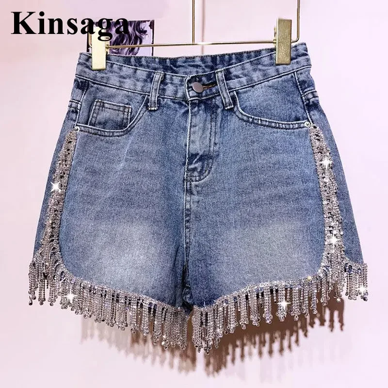 

Boutique Rhinestone Purl Jean Shorts Women Street Patchwork Studded Diamond Demin Hot Shorts High Waist Wide Leg Tassels Bermuda