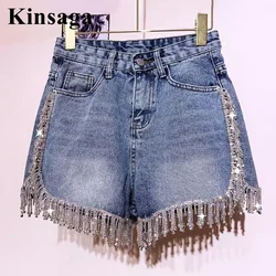 Boutique Rhinestone Purl Jean Shorts Women Street Patchwork Studded Diamond Demin Hot Shorts High Waist Wide Leg Tassels Bermuda