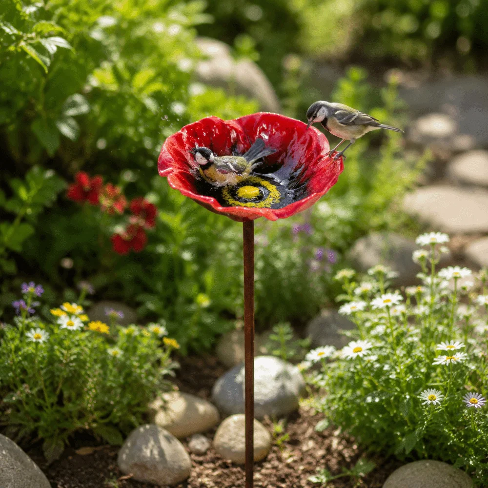 Metal Bird Bath Stand Flower Shaped Colorful Bee Butterfly Watering Station Iron Art Ground Insert Garden Insect Birdbath Yard