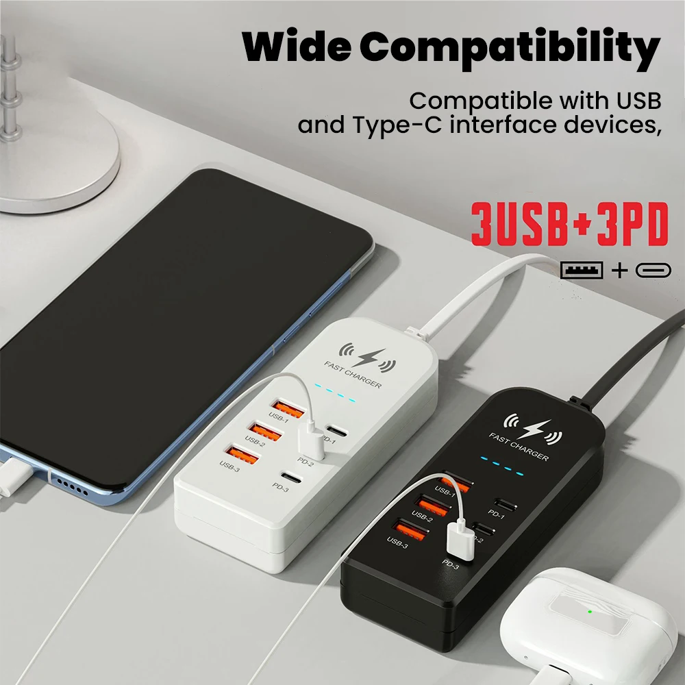 6 in 1 3PD 3USB USB C Charger Power Strip Desktop Fast Charging Cord Phone Fast USB Adapter Socket EU/US Plug