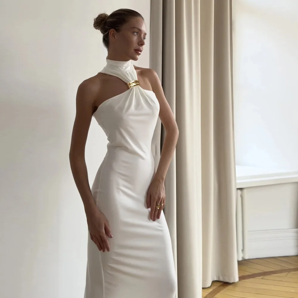 2025 Women Spring Summer Slim Fit Long Dress With Metal Buttons Elegant Casual Office Party Wear Fashion Ladies Clothing