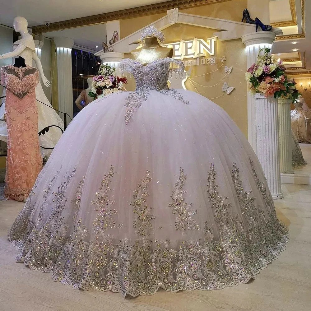 Customized  Gillter Crystal Applique Quinceanera Dresses Puffy Skirt Off Shoulder Tassel Lace-up Corset Prom Abayat robe fille