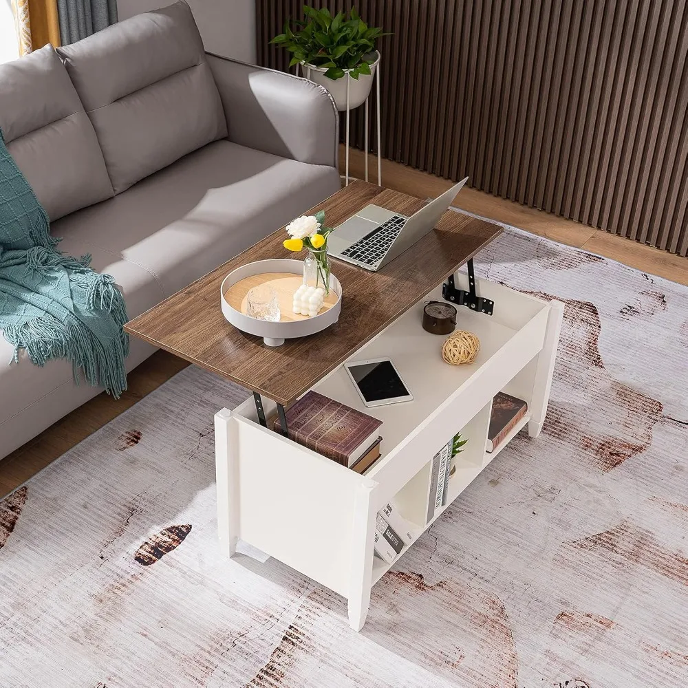 Lift Top Coffee Table with Storage Shelf w/Hidden Compartment and 3 Lower Open Shelves for Living Room,White