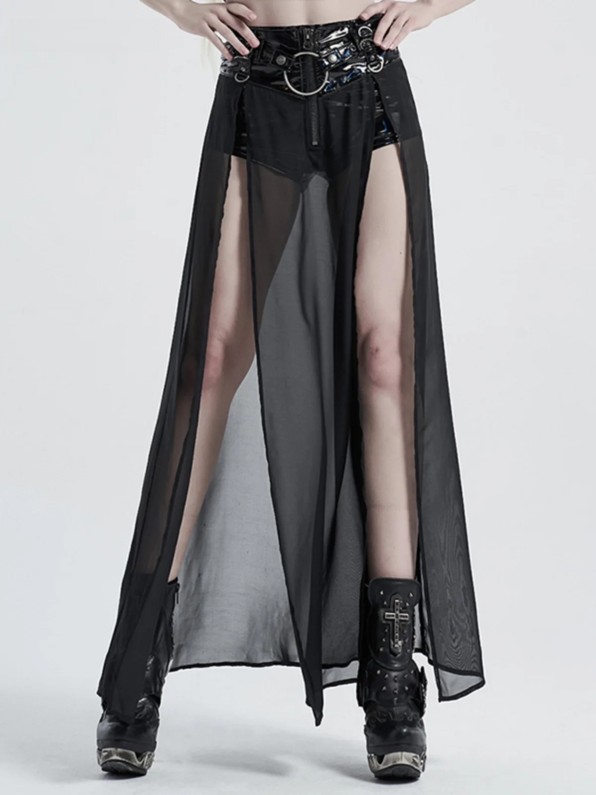 PUNKRAVE Punk Style High Waist Mesh Split Mid-Length Skirt Women's Sexy Floating Half Skirt Fake Two-Piece Polyester Blend Lo...
