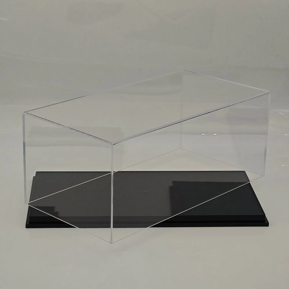 Acrylic Boxes Display Case Stand Transparent Show Dustproof with Carbon Fiber Black Base for 1/18 Scale Car Models