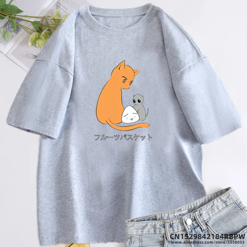 Fruit Basket Cat Mouse Tshirt Oversize Cotton Anime T-shirt Summer Cute Kawaii Clothes Unisex Short Sleeve Women\'s Clothing Tees