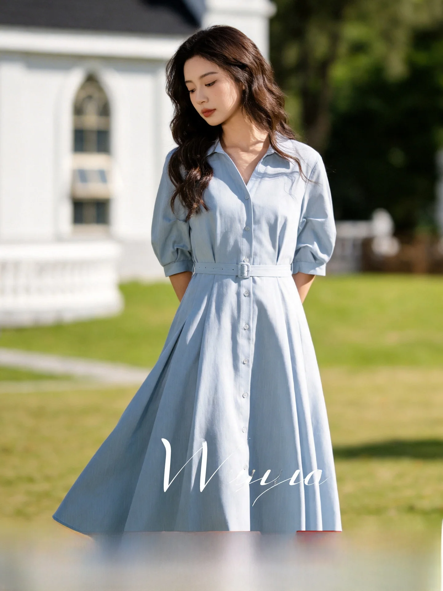 

Slimming plus Size Shirt Dress Women's Elegant High Waist A-Line Summer New Style V-Neck Short Sleeve Midi Dress Meat Covering