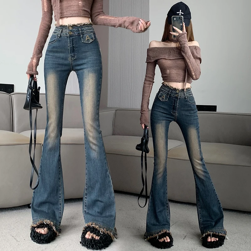 

Ladies Vintage High Waisted Jeans Woman Streetwear Lim-Fit Denim Trousers Girls Casual Denim Bell-bottoms Female Pants BVAL7047A