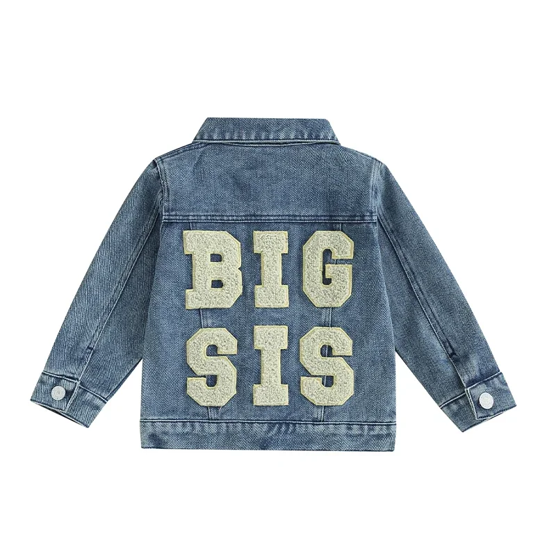 Cathery Toddler Baby Girl Jacket Big Lil Sis Matching Set Letter Embroidery Jean Long Sleeve Cardigan Button Denim Coat