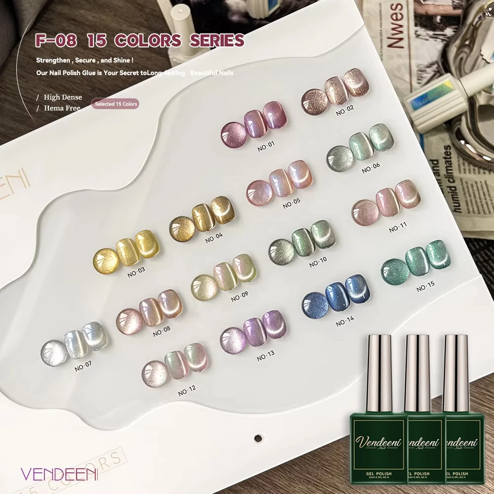 Vendeeni 15 Colors Aurora Crystal Cat Eye Gel Nail Polish Magnetic UV LED Soak Off Gel Lacquer Nail Art Wide Cat Eye Gel Varnish