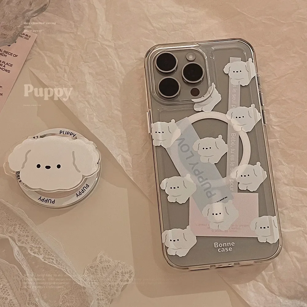 Koreanische niedliche Cartoon-Welpen-Halterung, magnetische Handyhülle für iPhone 16, 15, 14, 13, 12, 11, Pro Max, klare, stoßfeste Schutzhülle