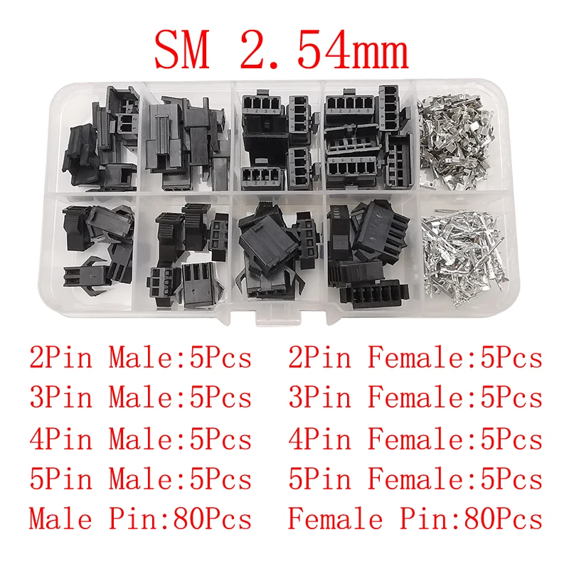 200Pcs/Box Black JST SM 2.54mm Pitch 2P 3P 4P 5 Pin Male Female Plug Housing Pin Header Crimp Terminal Adapter Wire Connector