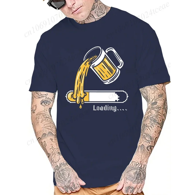 2025 Summer Men T Shirt Beer Loading Print Short Sleeve Round Neck Breathable Casual Drinking Beer Fashion Top