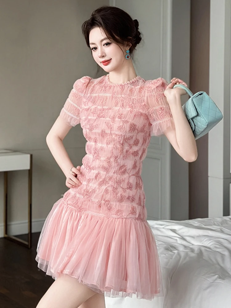 Ropa de mujer malla dulce Rosa bordado manga corta ajustado cola de pez Mini Vestido corto elegante fiesta graduación Vestidos noche verano