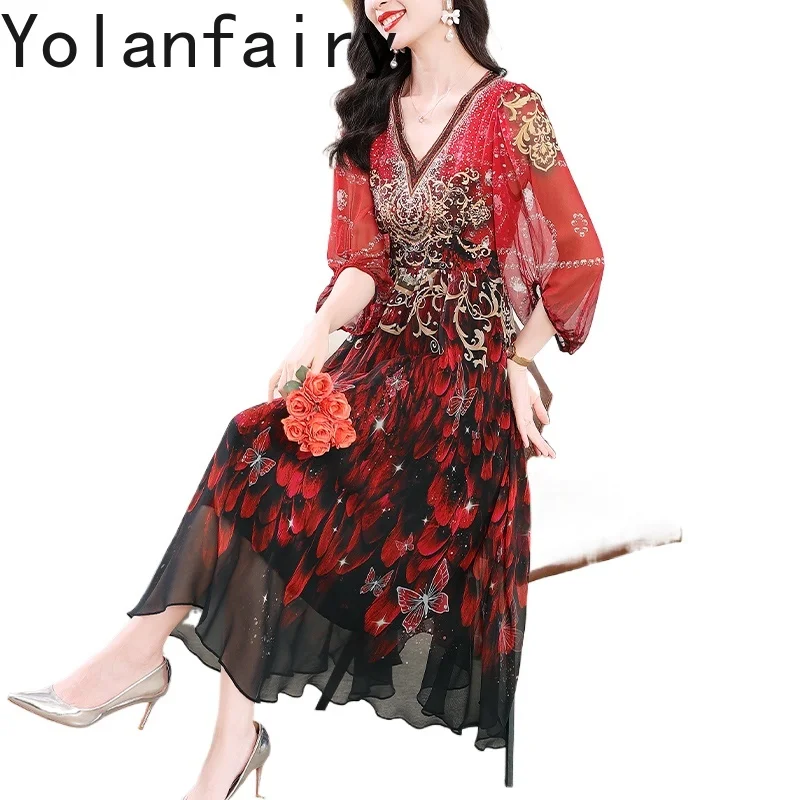 

YOLANFAIRY 2024, осеннее роскошное платье, высокое качество, 100% натуральный шелк тутового шелка, женские платья, высококачественные длинные платья на день рождения с принтом