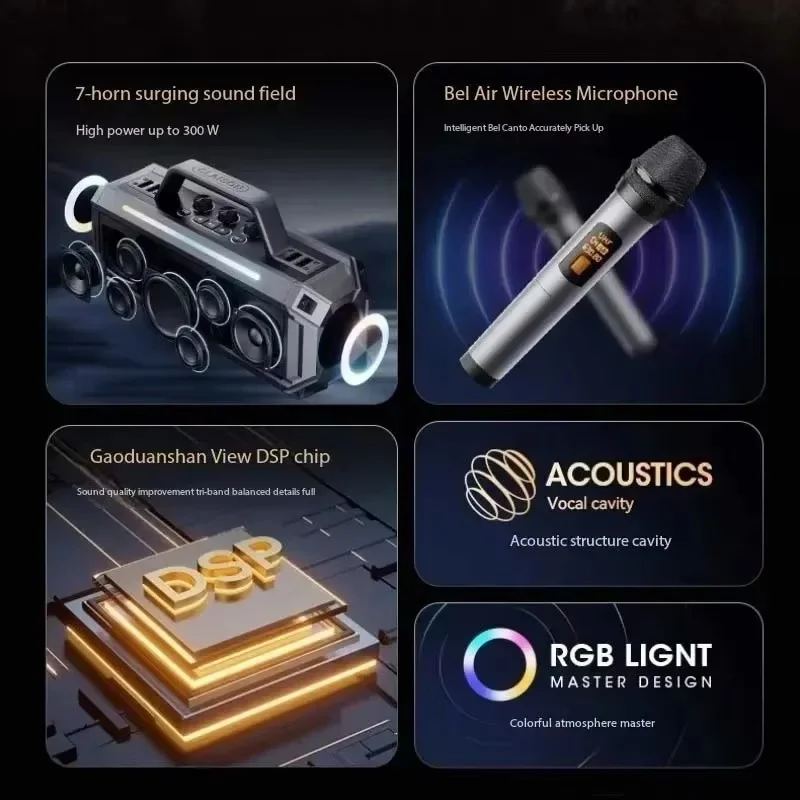 Máquina de karaokê com 2 microfones sem fio, alto-falante Bluetooth de 300 W com luzes LED, suporte para ajuste de graves/acetos para festa