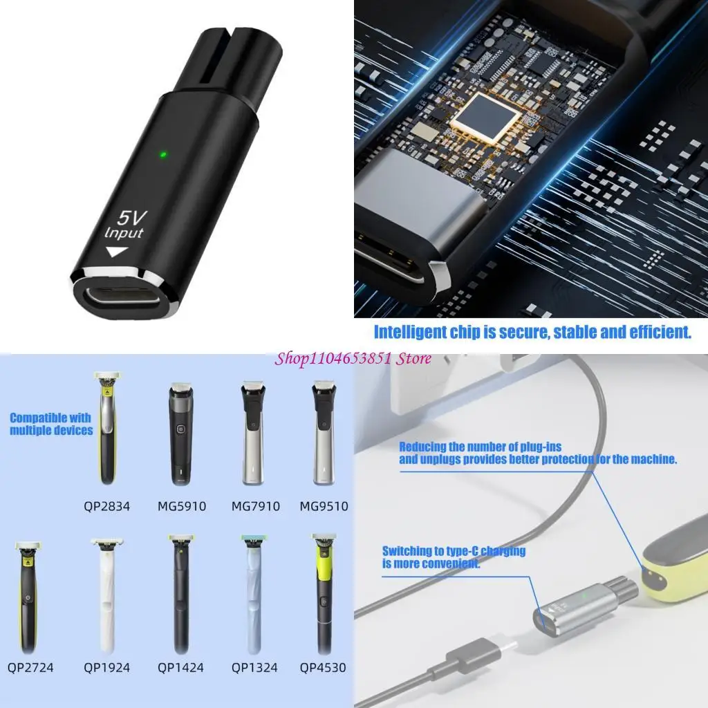 Compactly 5V USB C to 2Pin Shaver Power Adapters , Aluminum Alloy Charging Connector for QP2724,QP1424,QP1324 Shaver Adapters