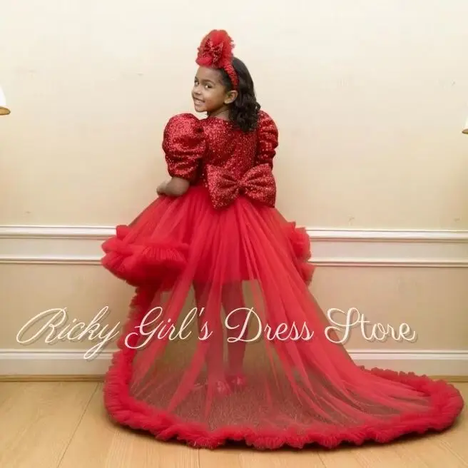 Red Girls Birthday Dress Glitter Sequin Short Ball Gown With Train Short Sleeves Tulle Ruffles Flower Girl Dress Customized