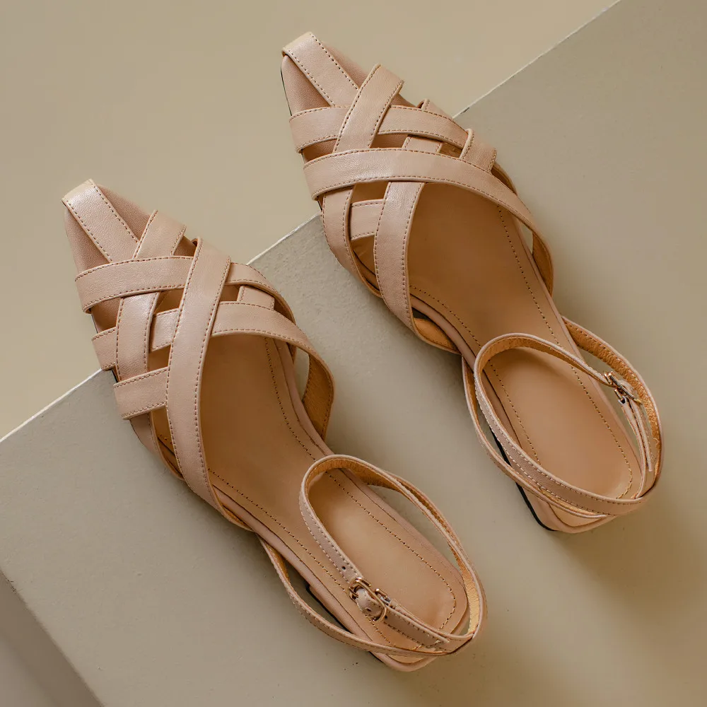 Women's genuine leather narrow band braided pointed toe ankle strap flats sandals soft comfortable casual female summer shoes