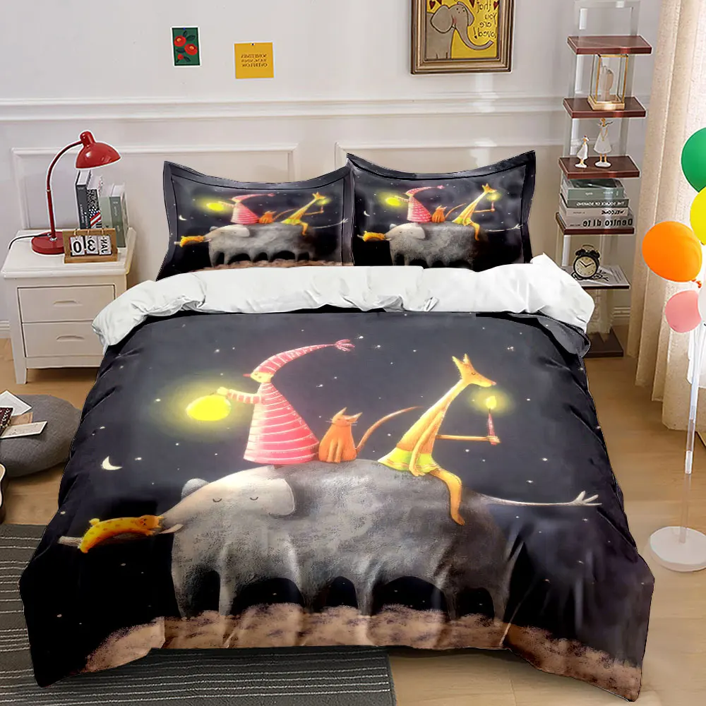 3Pcs Night Sky Elephant Fantasy Duvet Cover Set, Whimsical Magical Animal Kids Bedding Single Double King Queen, Gift
