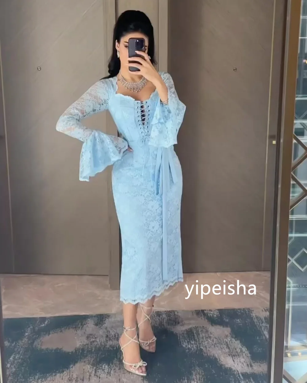 Customized Intricate Lace Sheath V-neck Midi Dresses Prom Classic Exquisite Modern Style Pastrol Unisex Chinese Formal