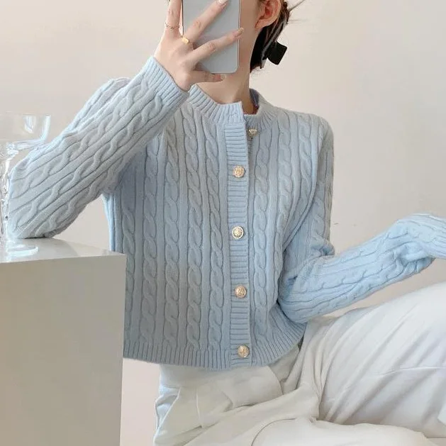 부드러운 크림색 짧은 니트 라운드넥 오픈 가디건 여성 스타일 가을 레이지 순색 스웨터 재킷 레트로 트위스트 디자인