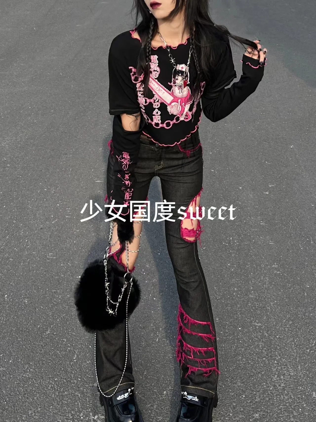 Japanese Punk Girl Black Jeans Subculture Hollow Out Diamond Chains Hot Girl Sexy Cowboy Sweet Cool Cute Slim Flare Denim Pants