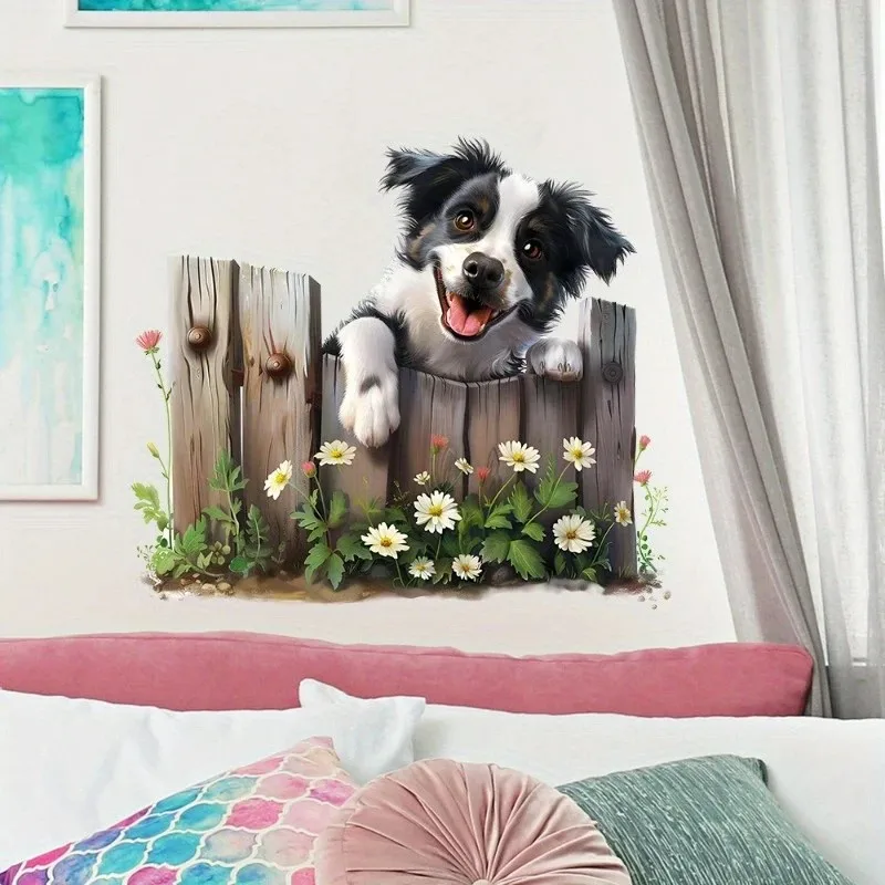 MT1402# Farm Animal Wall Sticker - Playful Border Collie Peeking from Wooden Fence with Flowers, Vibrant Home Decor for Living