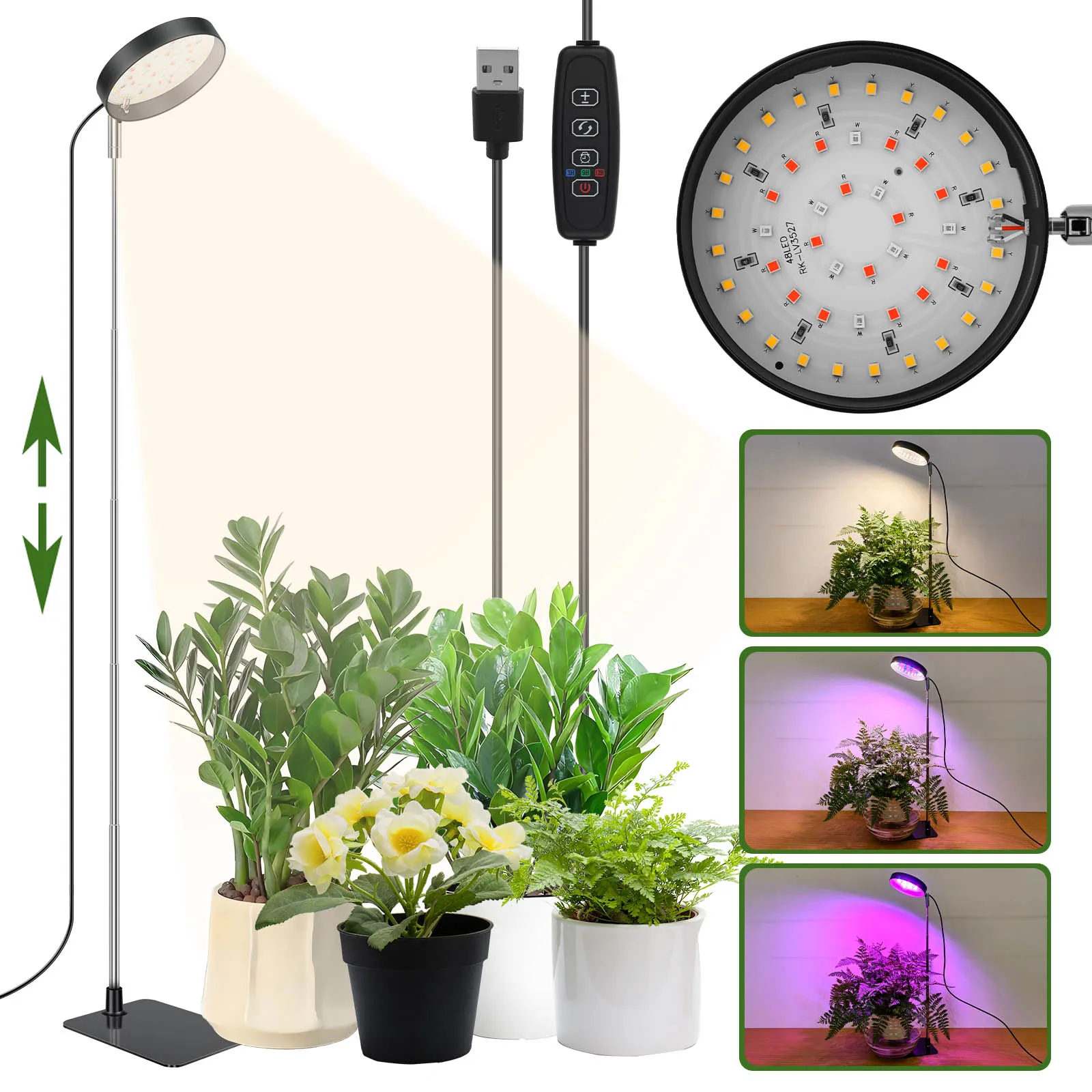 LED Grow Light Full Spectrum Plant Lamp Dimmable 3 Modes Height Adjustable Indoor Plants Light 3/9/12H Timer 10-Level Dimming