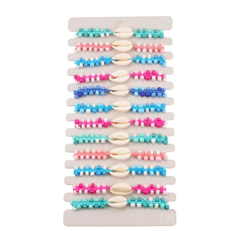 

12pcs Bohemian Double Layer Acrylic Rice Beads Ball Bracelet Handwoven Shell Charms Bracelet