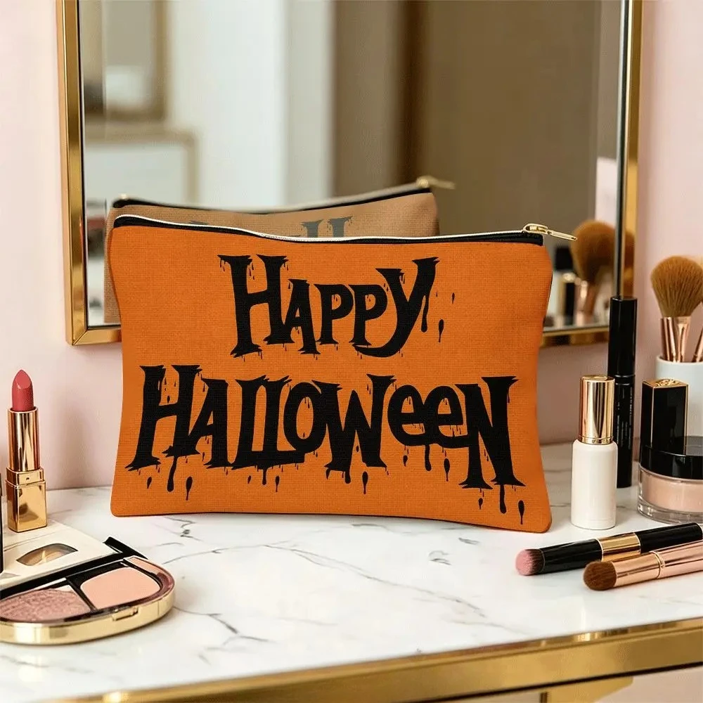 Happy Halloween Letter Print Cosmetic Bag Zipper Makeup Pouch Portable Travel Toiletry Storage Pouch Holiday Gift for Women