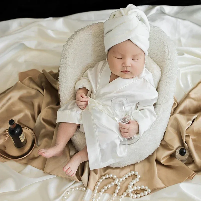 Newborn Photography Accessories Infant Socialite Style Bathrobe Pajamas Outfit Vintage Tray Decoration Baby Photo Shooting Props