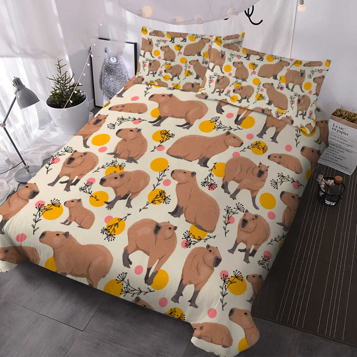 

BlessLiving 3D Yellow Circle Kawaii Cartoon Guinea Pig Bedding Set Maple Leaf Geometry Duvet Cover Pilow Sham For Bedroom Decor