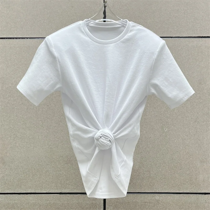 

Women's t-shirt New elastic knitted slim fit short sleeved top for summer 2025 button flower Crop top pure cotton Women's corset