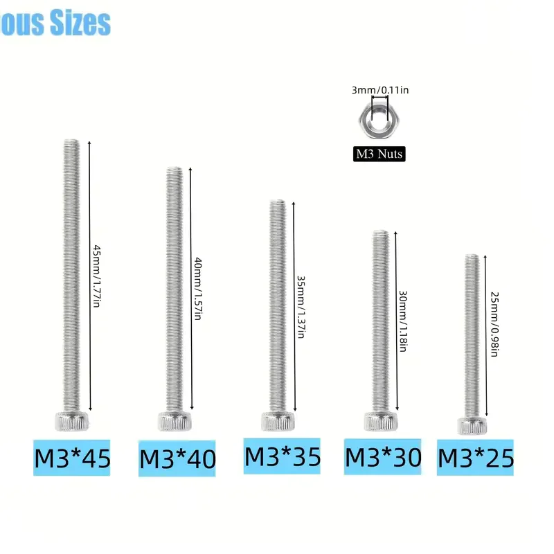 200-Piece Set of M3 x 25–50 mm Stainless Steel Hex Socket Head Cap Screws, Screws, and Nuts