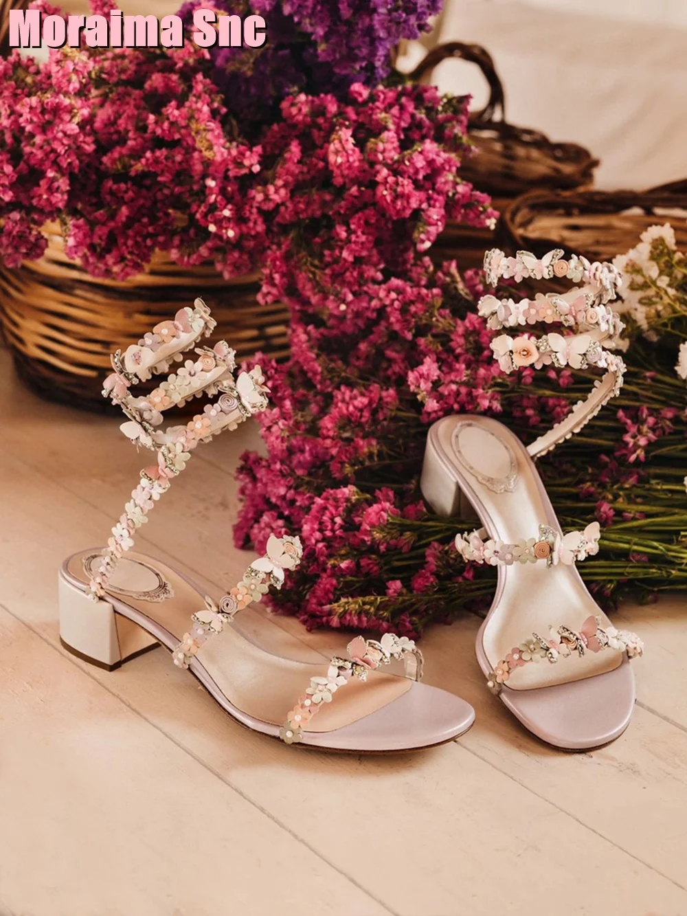 Full Flowers Decor Wrap Sandals Block Mid Heel Slip On Sexy Elegant Women Wedding Shoes Banquet Party Ladies Shoes Fashion 2024