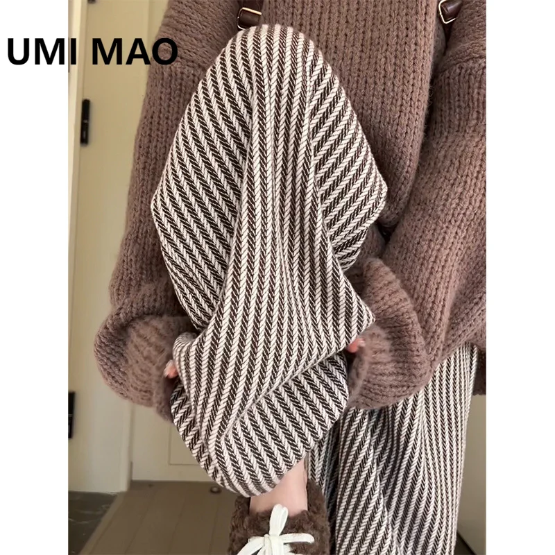 

UMI MAO High Waist Trousers Vertical Striped Woolen Pant Women Autumn Winter New Casual Retro Straight Leg Lazy Wide Leg Pants