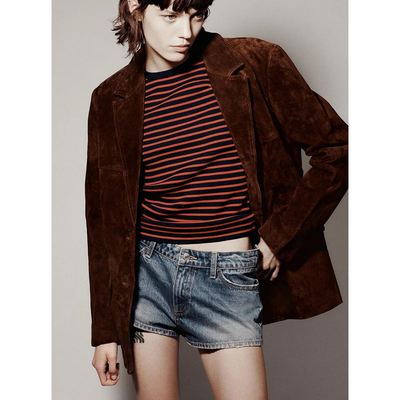 

New Spring Summer Women's Commuter Sle Long Sve PU Leather Resistant Velvet Texture Suit Jaet Loose Fit Single Button
