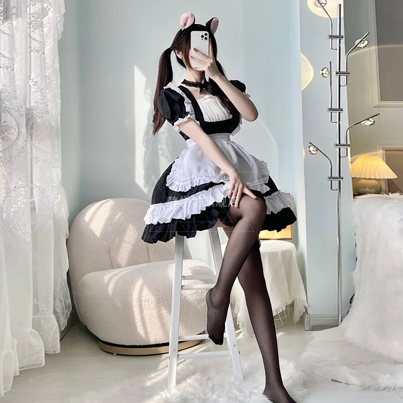 Japanese Black and White Maid Cosplay Costumes Cat Attire Lolly Maid Attire Oversized Cute Dress Anime 4-Piece Disfraz