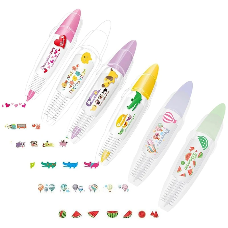 

6PCS Cute Animals Decorative Pen Press Type Decorative Pen Cute Animals Lace Correction Tape Decorative Tape Pen