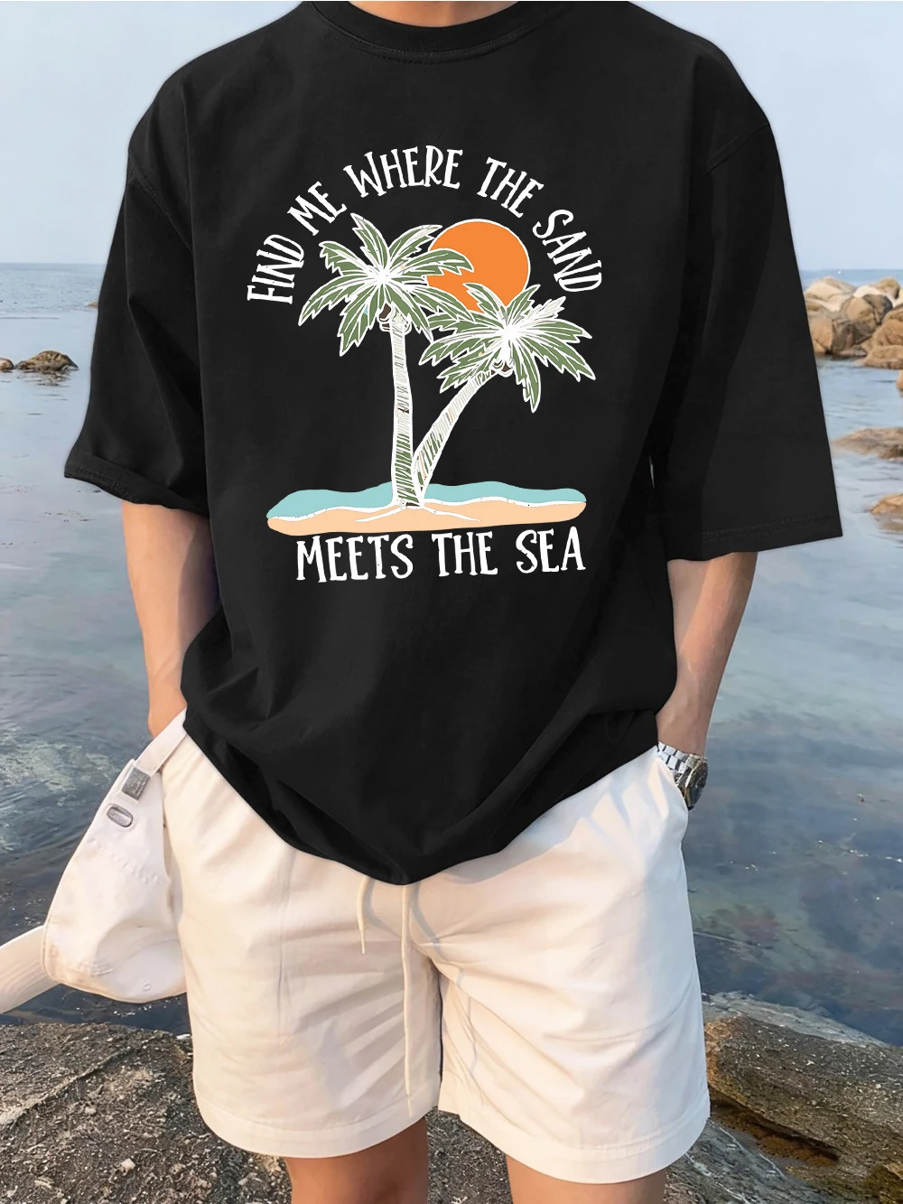 Find Me Where The Sand Meets The Sea Print S-3Xl Man Loose T-Shirts Trendy Summer Tee Sports All-Match Clothes Cotton O-Neck Top