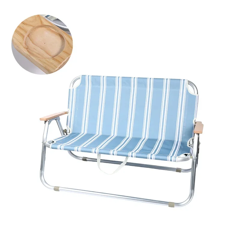 Blue and White Striped Double Chair Outdoor Folding Double Portable Fishing Back Chair Leisure Beach Camping Lazy